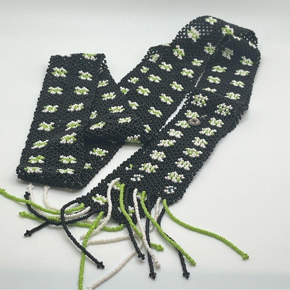 Handmade micro seed bead belt with fringe black, green, white vintage wrap belt